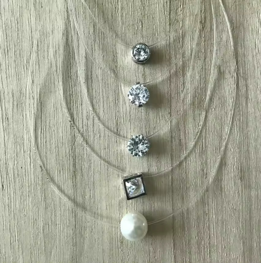 Sumeng New Personality Fashion Square Imitation Pearl Crystal Zircon Necklace Invisible Transparent Fishing Line Necklace Women
