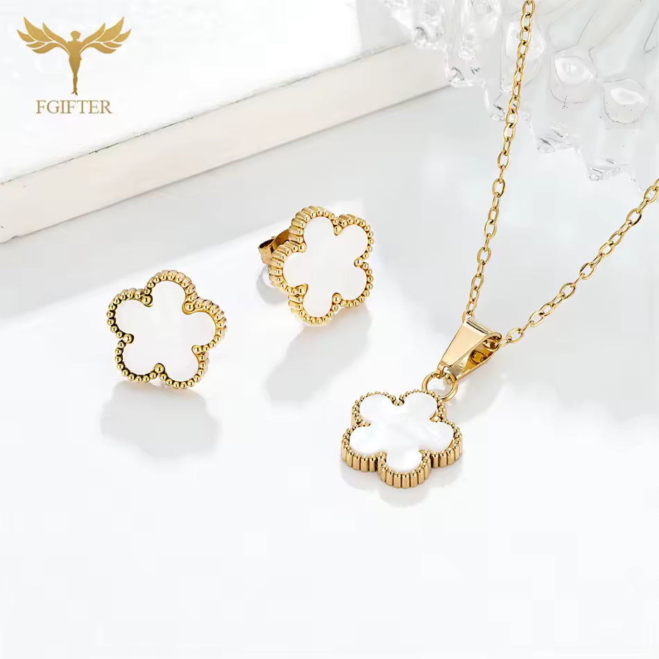 3PC Women Black Flower Necklace Earrings Jewelry Set Gold Plated Stainless Steel Accessories Wedding Banquet Party Festival Gift