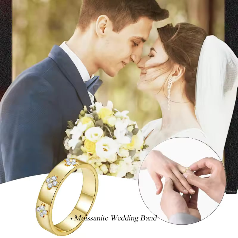 BAMOER 925 Sterling Silver Lucky Clover Moissanite Ring, Gold Plated D Color Round Cut Wide Band Ring for Women Wedding Gift