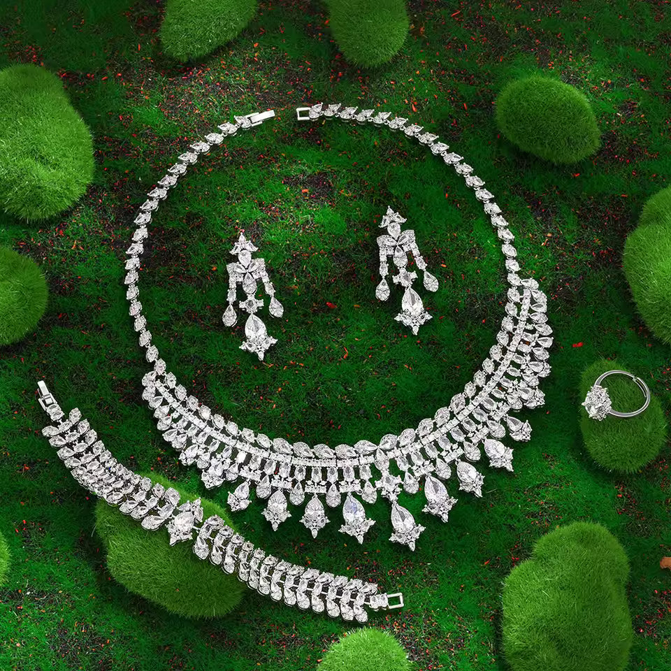 2025 New 4-piece Cubic Zirconia Women's Jewelry Necklace Earrings Bracelet Rings Bridal Wedding Jewelry Set