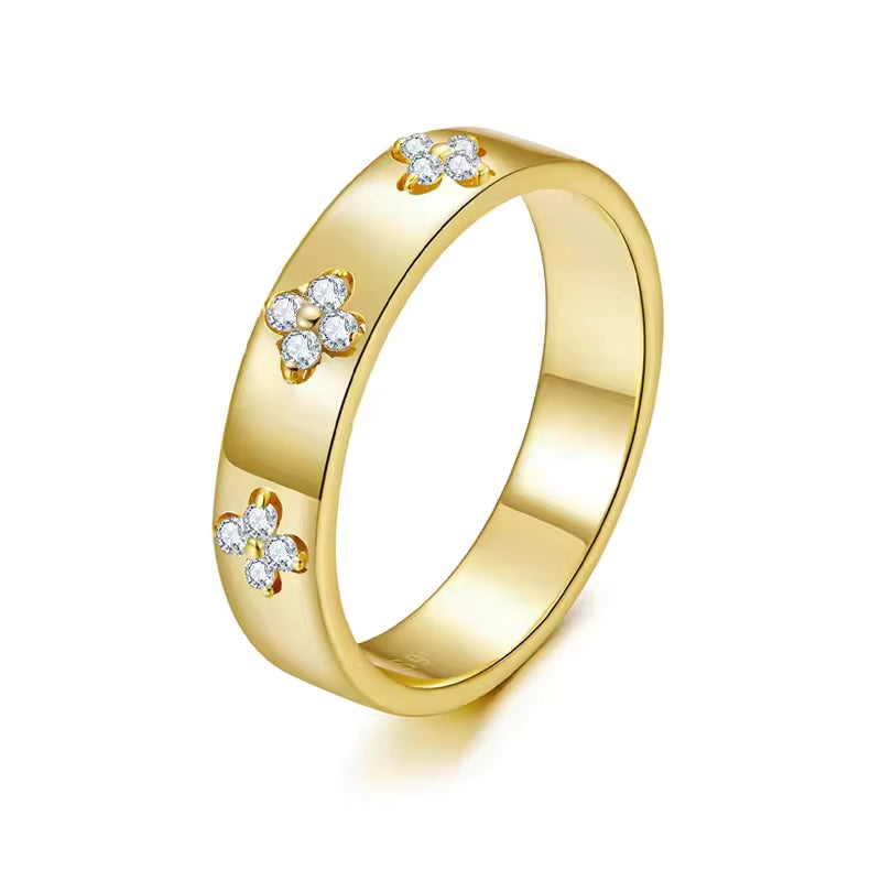 BAMOER 925 Sterling Silver Lucky Clover Moissanite Ring, Gold Plated D Color Round Cut Wide Band Ring for Women Wedding Gift