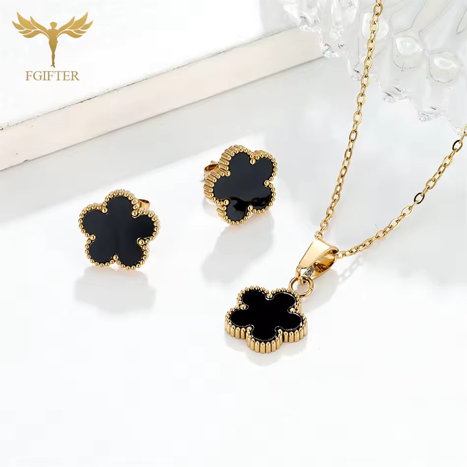 3PC Women Black Flower Necklace Earrings Jewelry Set Gold Plated Stainless Steel Accessories Wedding Banquet Party Festival Gift
