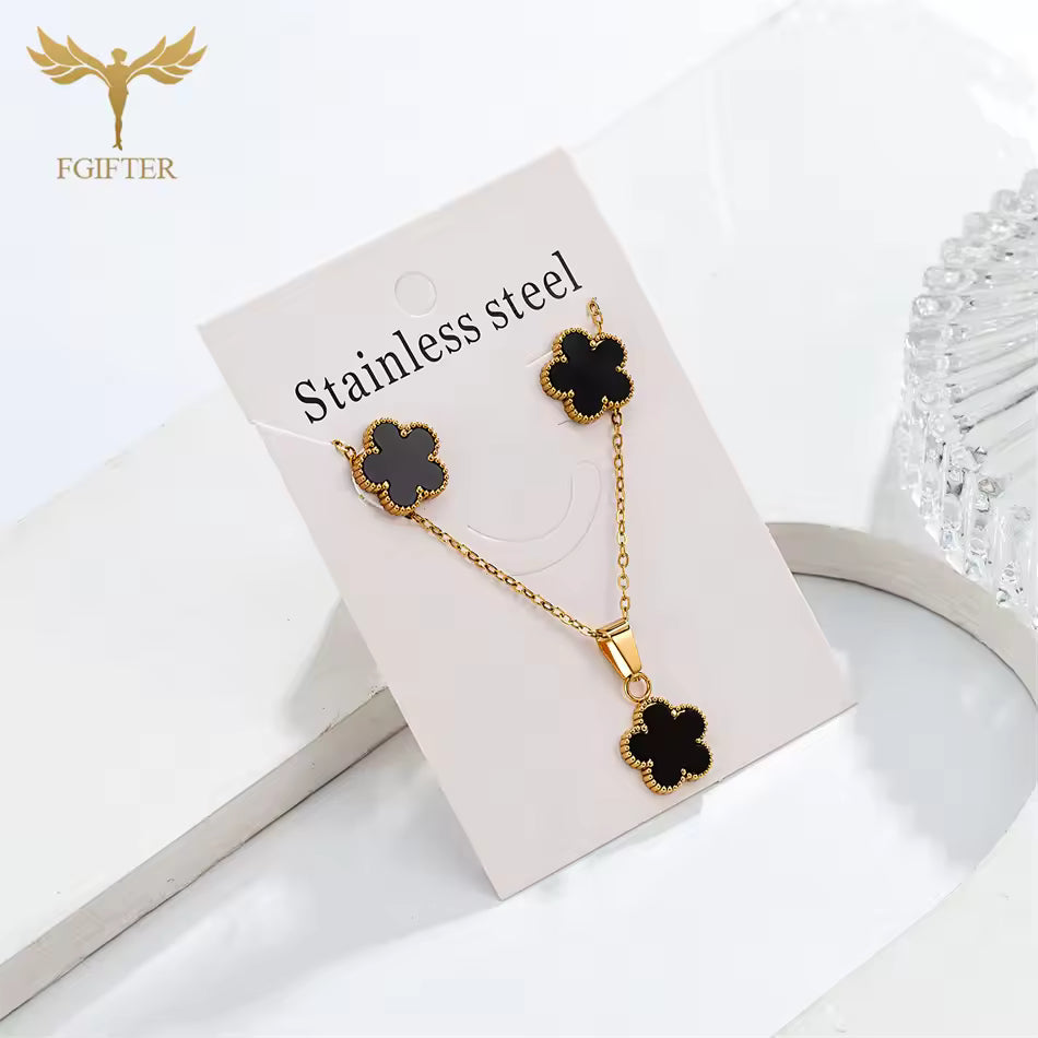 3PC Women Black Flower Necklace Earrings Jewelry Set Gold Plated Stainless Steel Accessories Wedding Banquet Party Festival Gift