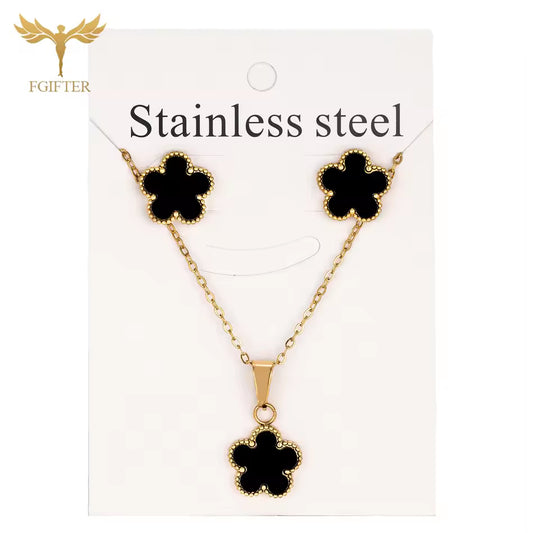 3PC Women Black Flower Necklace Earrings Jewelry Set Gold Plated Stainless Steel Accessories Wedding Banquet Party Festival Gift