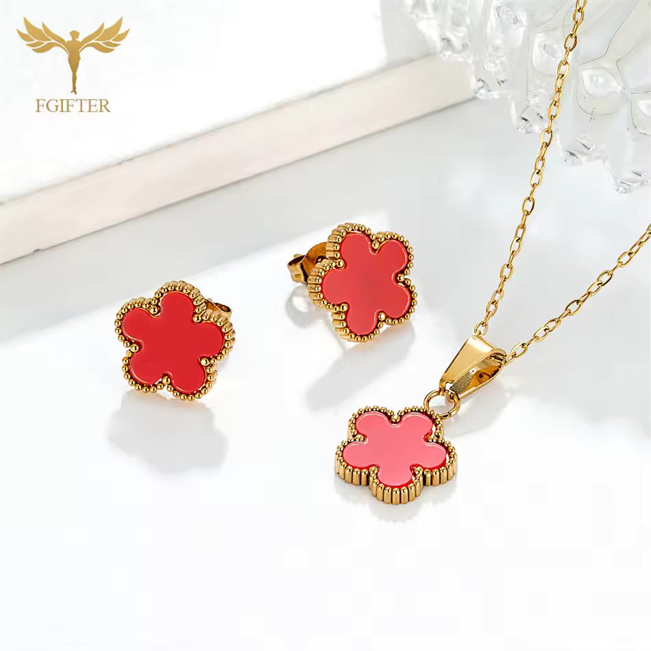 3PC Women Black Flower Necklace Earrings Jewelry Set Gold Plated Stainless Steel Accessories Wedding Banquet Party Festival Gift