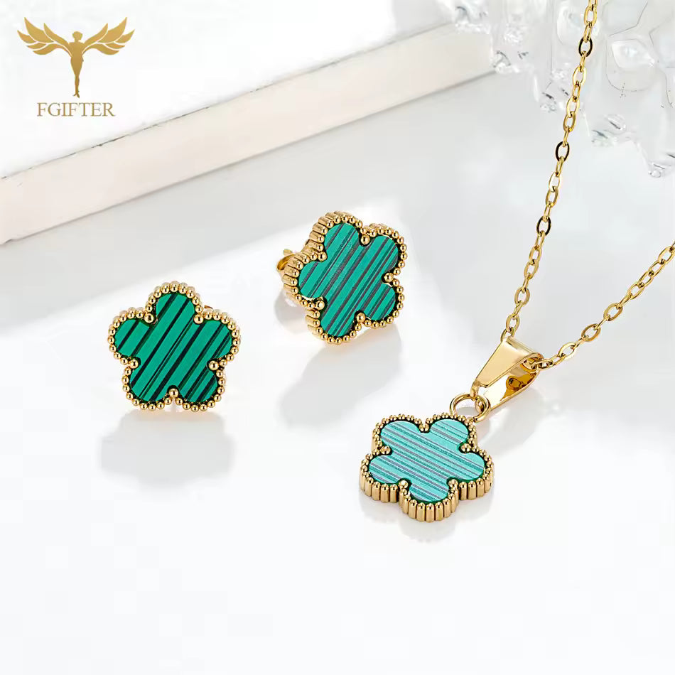 3PC Women Black Flower Necklace Earrings Jewelry Set Gold Plated Stainless Steel Accessories Wedding Banquet Party Festival Gift
